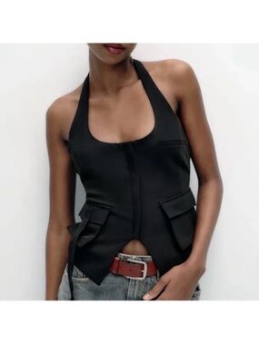 Zara Black Halter Utility Camisole with Flap Pockets